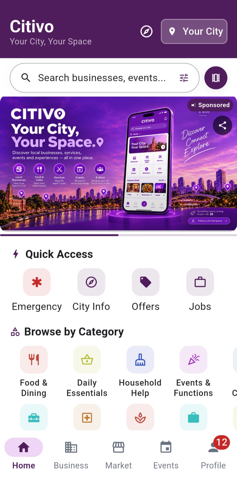 Citivo app — city home screen